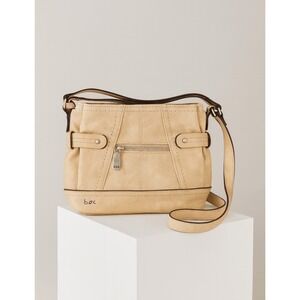 BOC Womens Smooth Tan Leather Strappy Studded Tri-Compartment Crossbody Bag Chic